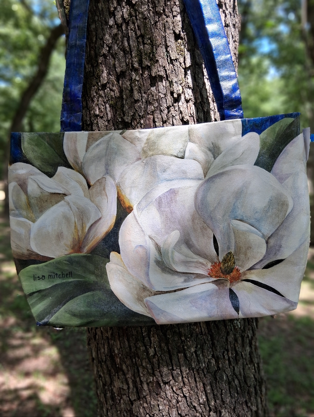 Hand-Painted Magnolia Canvas Tote with Blue Straps